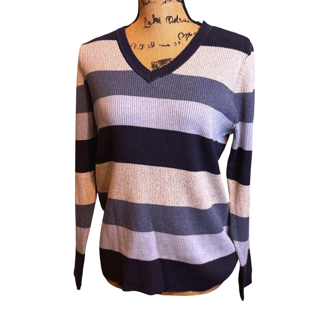 NWT Karen Scott Womens Blue Striped Ribbed V-Neck‎ Sweater Large 100069954MS